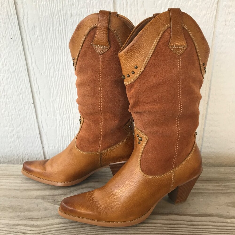 Bass Caspian Womens Saddle Tan Suede Slouch and Grain Leather Boots 5.5 M